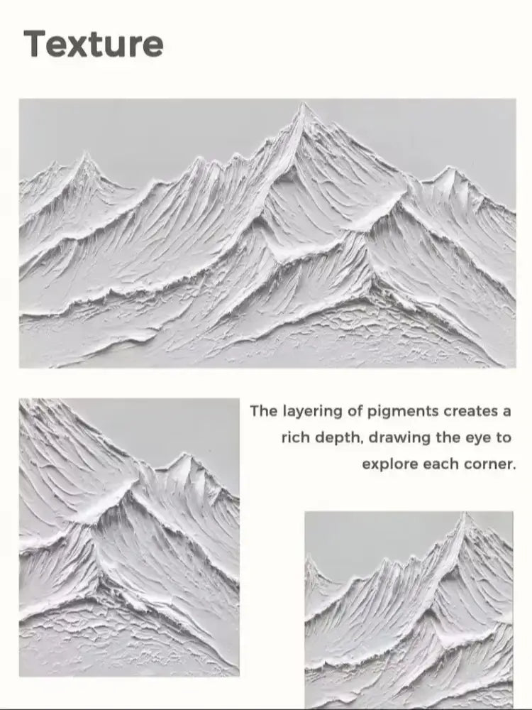 DecorBites™ white mountain 3d canvas wall art with monochromatic textured layers and hand painted oil paintings style detailing