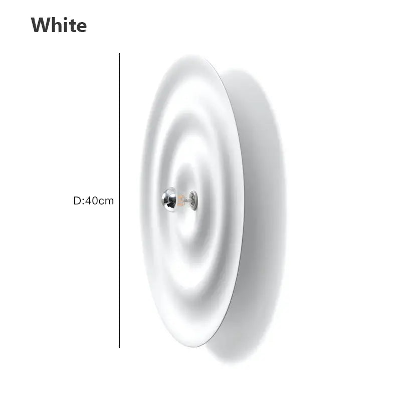 White nordic bauhaus round lamp with 40cm diameter ridged circular design and central chrome mounting fixture