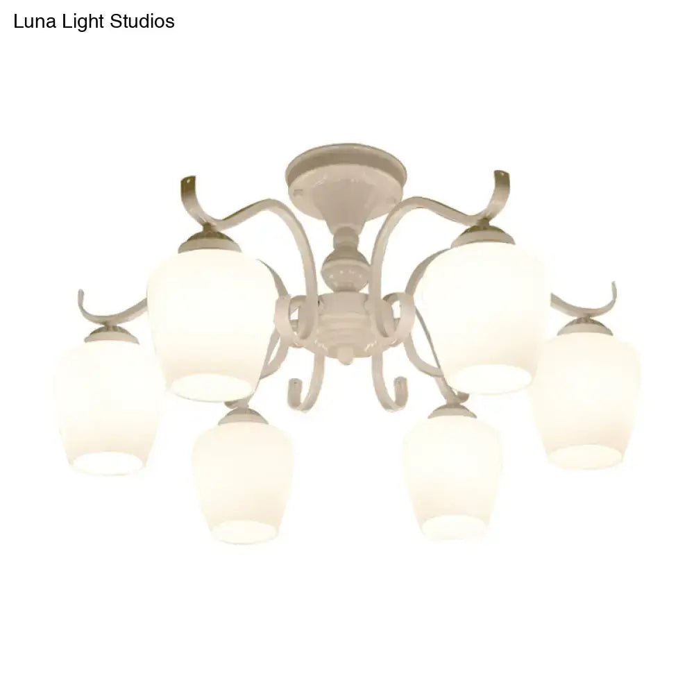 Decorbites white opaline glass cone chandelier with six frosted glass shades and curved metal arms for ceiling lighting