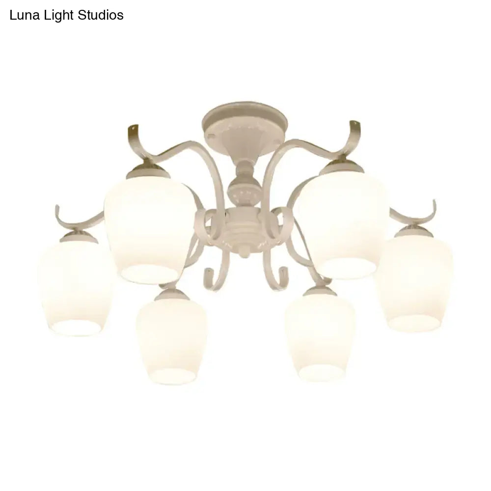 Decorbites white opaline glass cone ceiling lamp with six frosted shades and curved metal arms for countryside style lighting