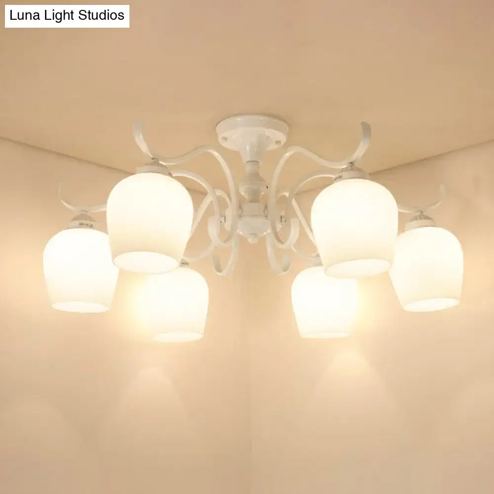 DecorBites™ white ornate 6-light semi flush chandelier with opaline glass cone frosted shades in countryside style
