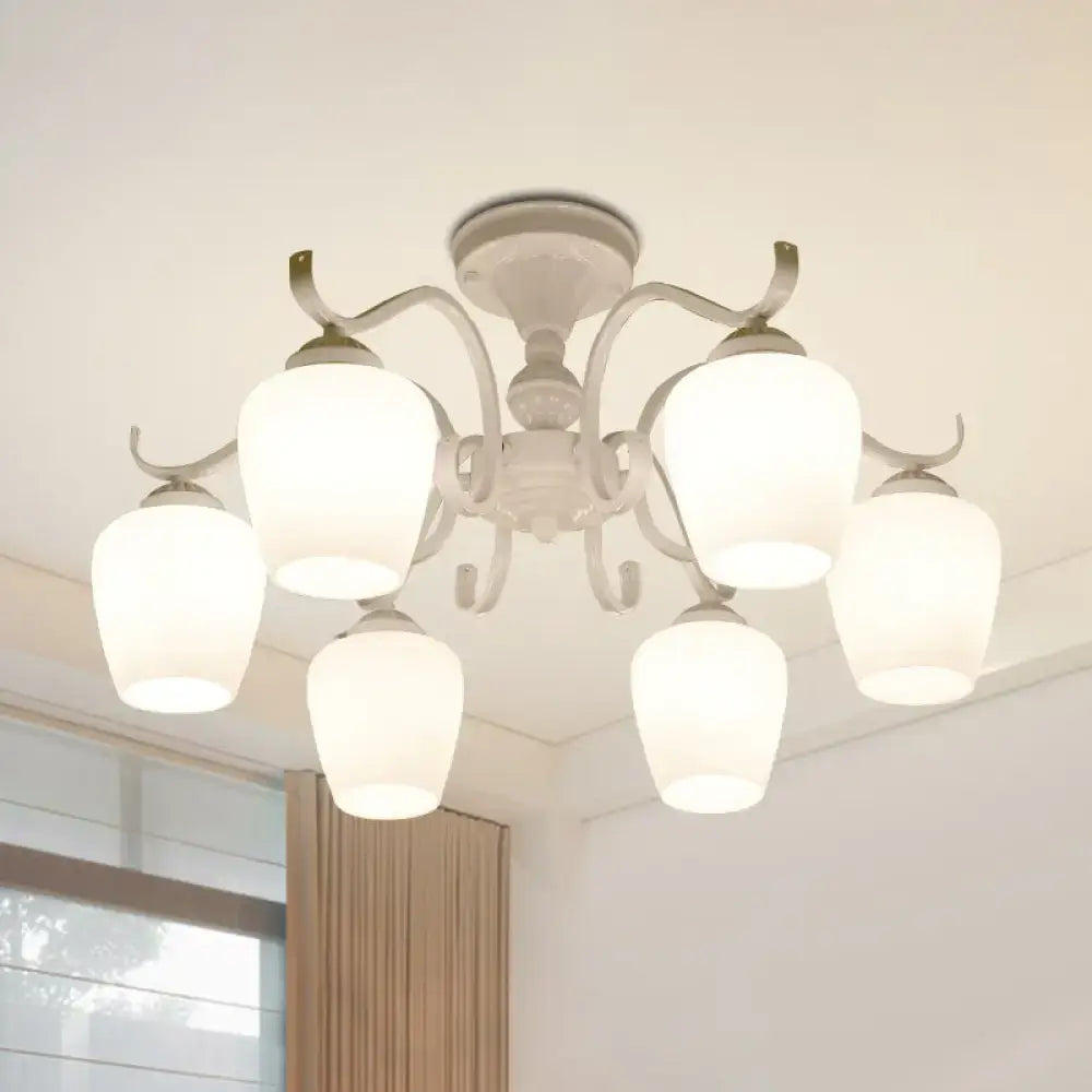 Decorbites white opaline glass cone 6-light semi flush chandelier with frosted shades and ornate metal arms