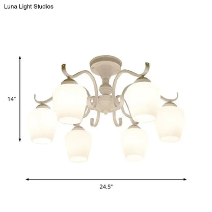 DecorBites white opaline glass cone chandelier with six frosted shades and ornate metal arms for ceiling lighting