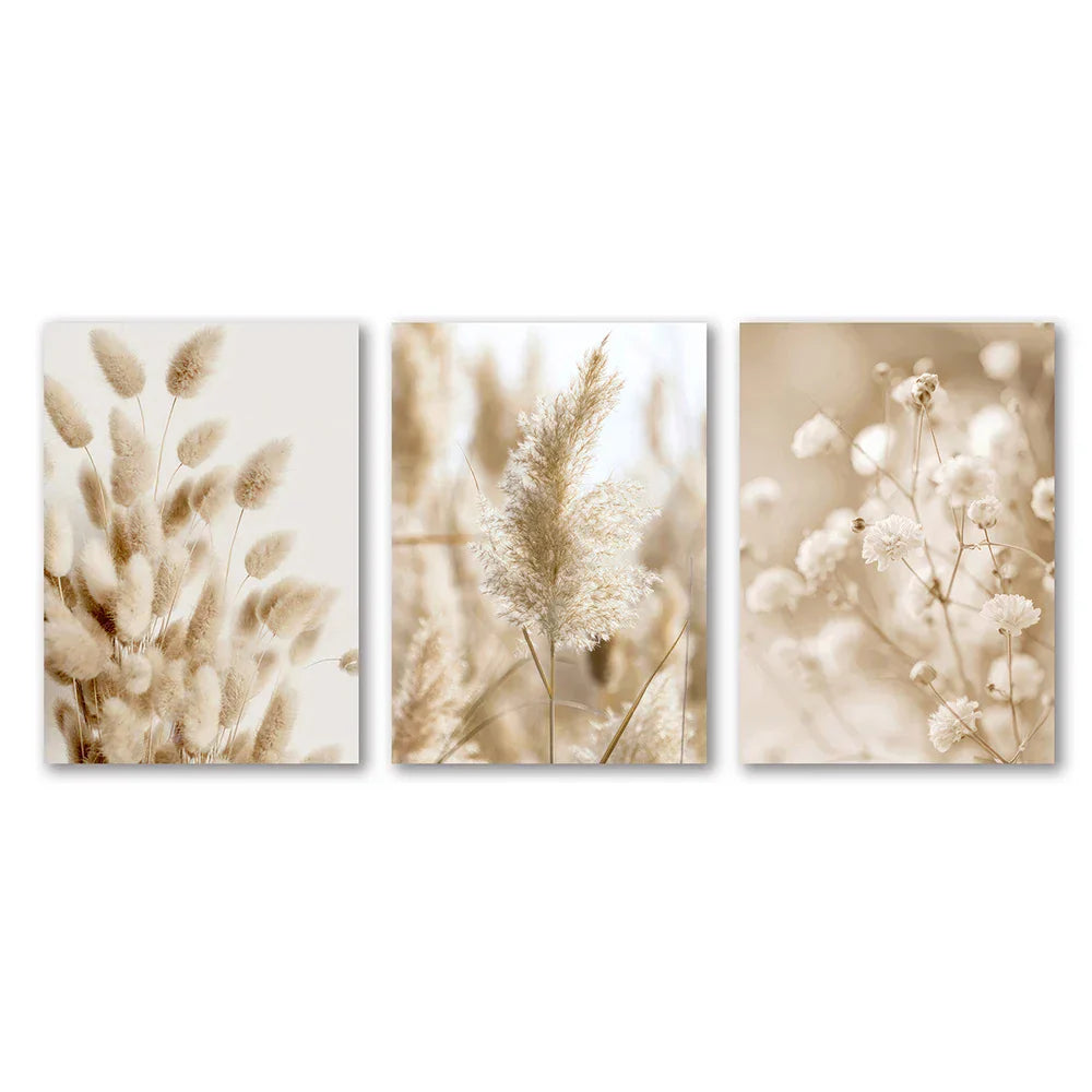 Set of three beige-toned botanical wall art prints in minimalist style from decorbites™ white seascape canvas set
