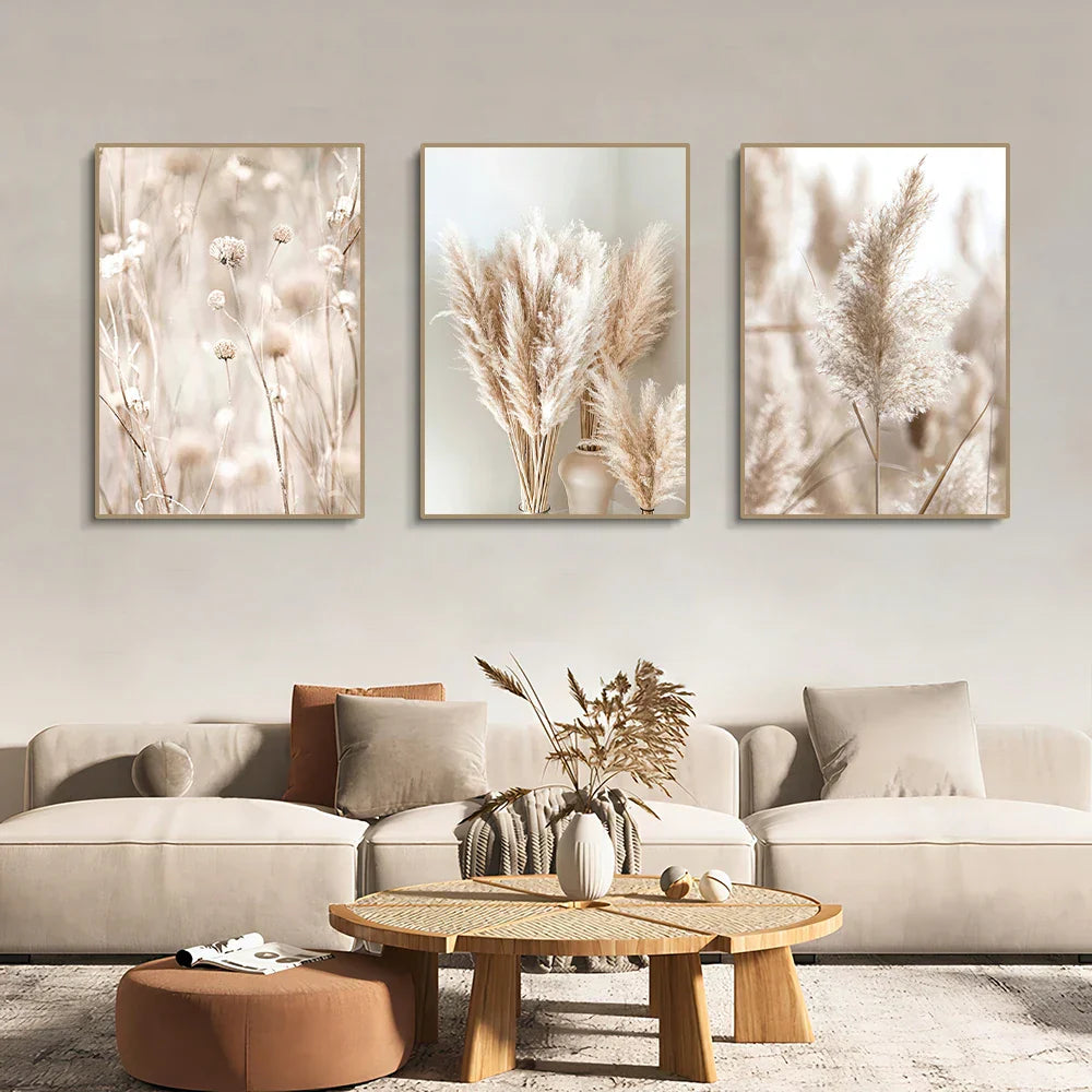 Set of three beige-toned framed wall art prints with soft-focus pampas grass from DecorBites white seascape canvas set