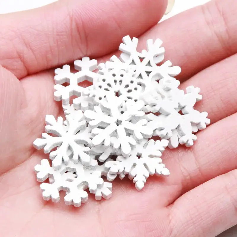Decorbites™ white wooden snowflake slices with intricate cut-out patterns for christmas crafts and wooden slice decor