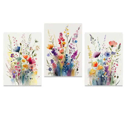 Three vibrant decorbites™ wildflowers watercolour posters featuring colorful floral art on white canvas wall paper