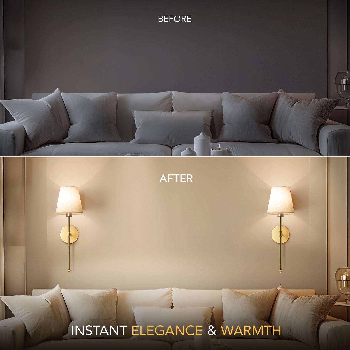 Before-and-after comparison showing DecorBites™ wireless wall sconces set of 2 enhancing modern interior lighting