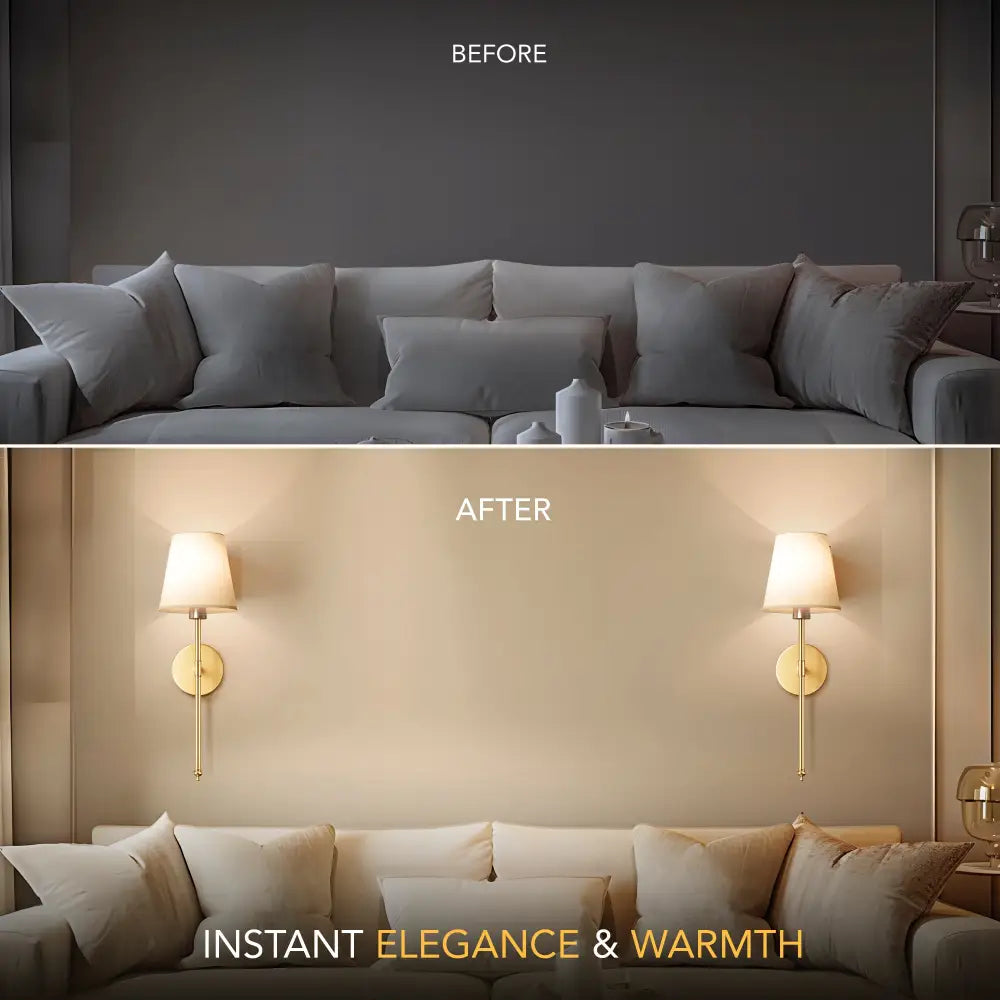 Before-and-after comparison showing DecorBites™ wireless wall sconces set of 2 enhancing modern interior lighting