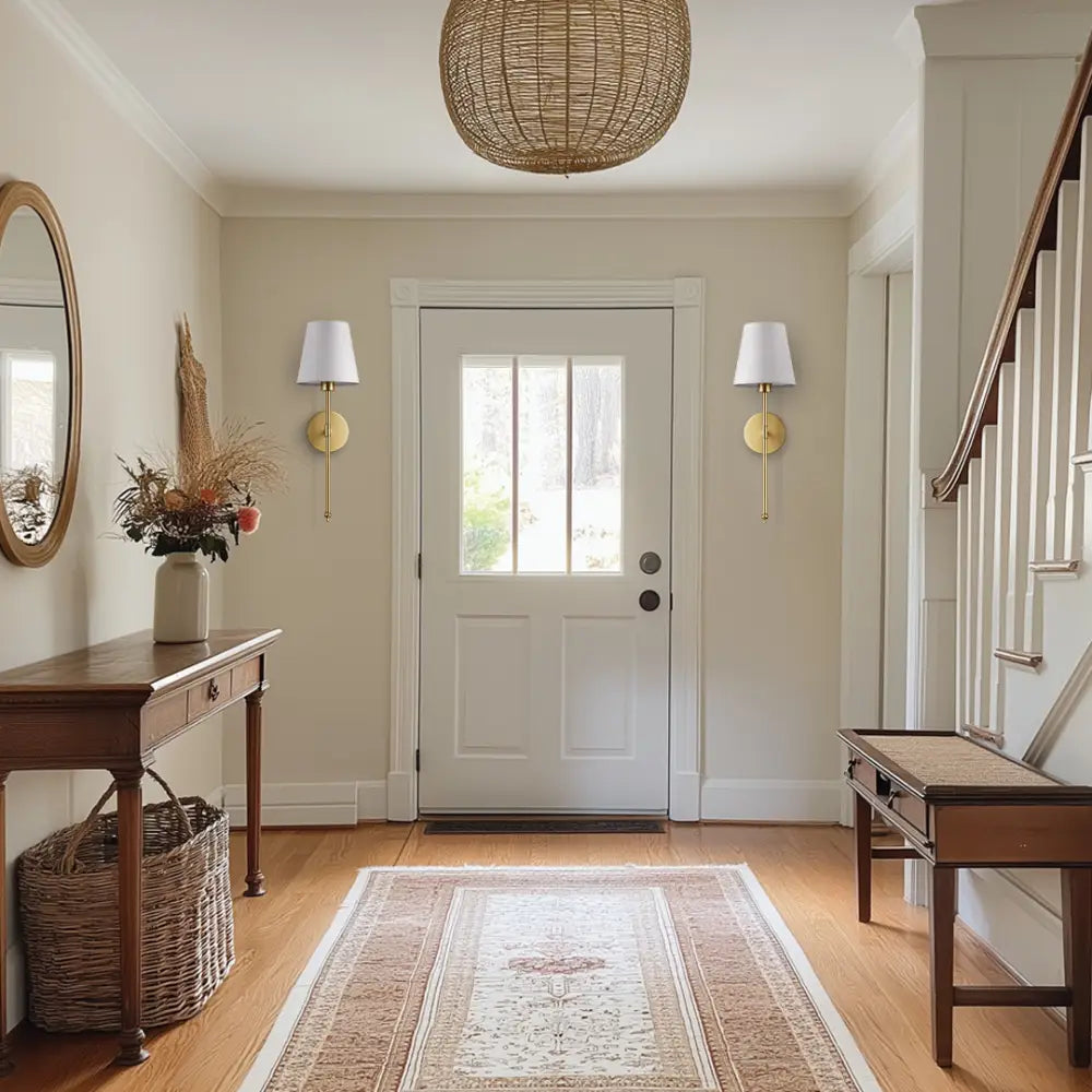 Hallway with neutral tones featuring decorbites wireless wall sconces set of 2 providing elegant wireless wall lighting