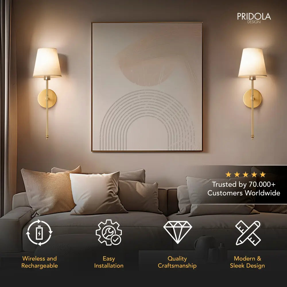 Living room featuring DecorBites™ wireless wall sconces set of 2 with modern wireless wall lighting design