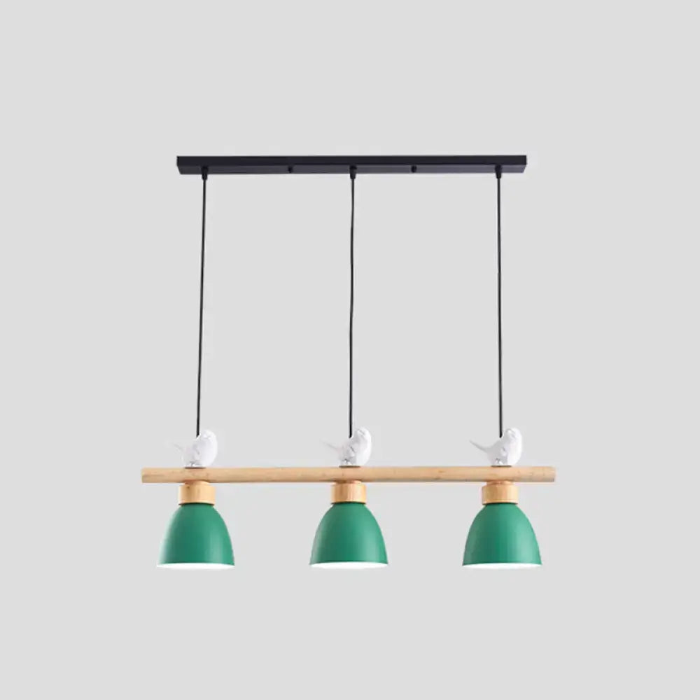 Decorbites wood and metal macaron bowl pendant light with three green metal shades and white ceramic birds for e26 e27 socket