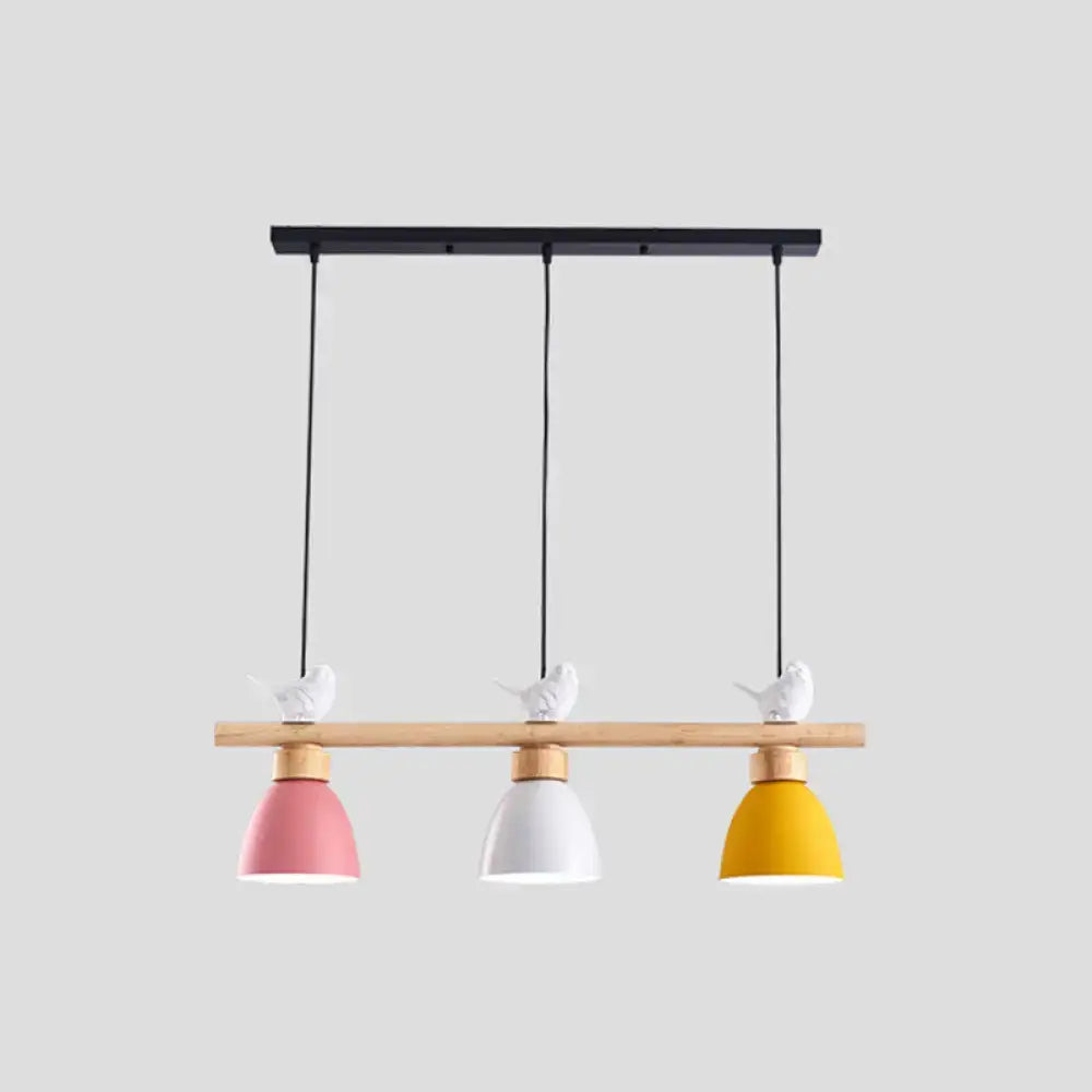 Decorbites wood and metal macaron bowl pendant light with three pastel bird fixtures and dark blue-gray accents for e26 e27 sockets