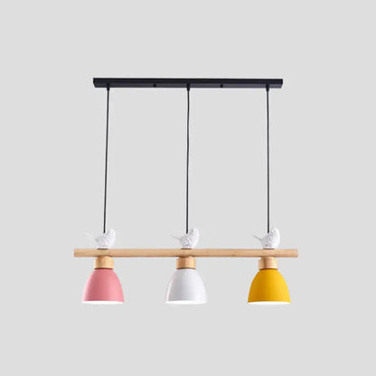 Decorbites wood and metal macaron bowl pendant light with three pastel bird fixtures and dark blue-gray accents for e26 e27 sockets