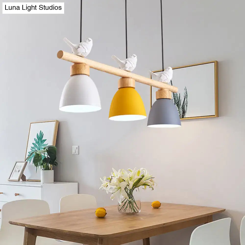DecorBites wood and metal macaron bowl pendant light with three colorful bell shades and e26 e27 sockets for island lighting