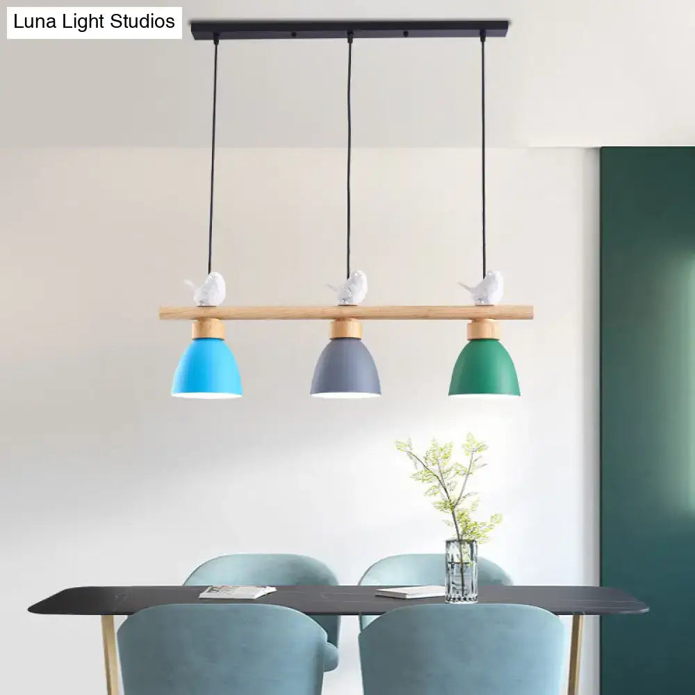 DecorBites wood and metal macaron bowl pendant light with three colorful shades and e26 e27 sockets for island use