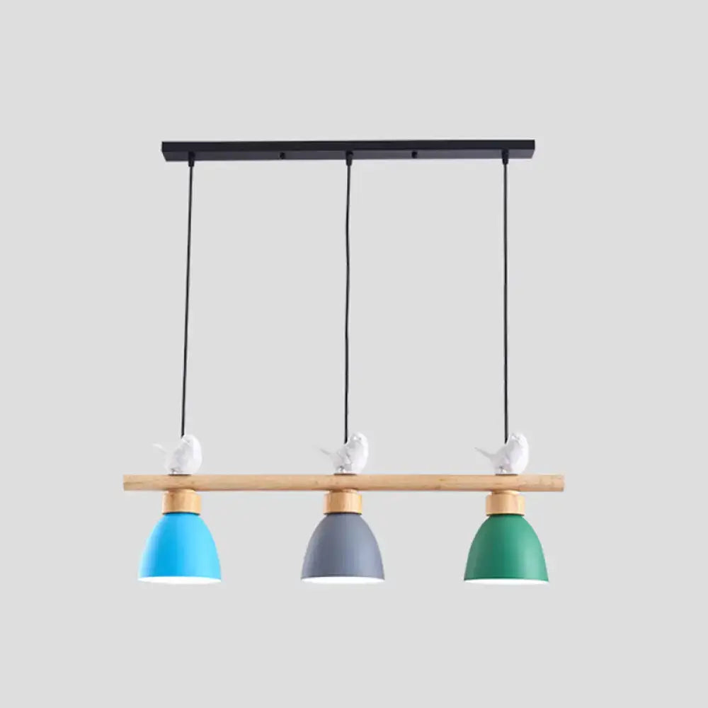 Modern three-light pendant lamp with dark blue-gray macaron bowl shades on wooden beam for e26 e27 island lighting
