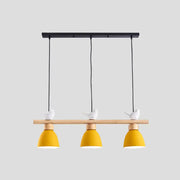 Decorbites wood and metal macaron bowl pendant light with yellow bell shades and white bird figurines mounted on dark blue-gray ceiling with e26 e27 sockets
