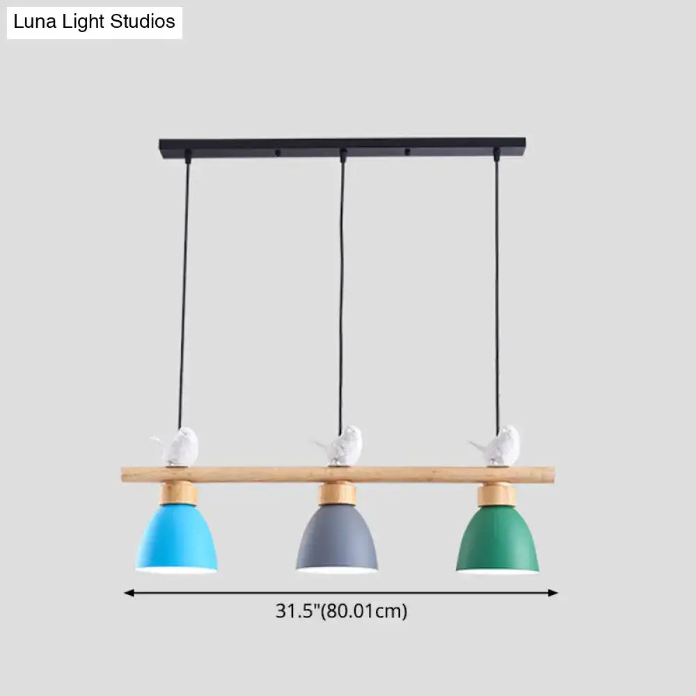 Modern decorbites macaron bowl pendant light with three colorful ceramic shades and dark blue-gray wooden beam for e26 e27 sockets