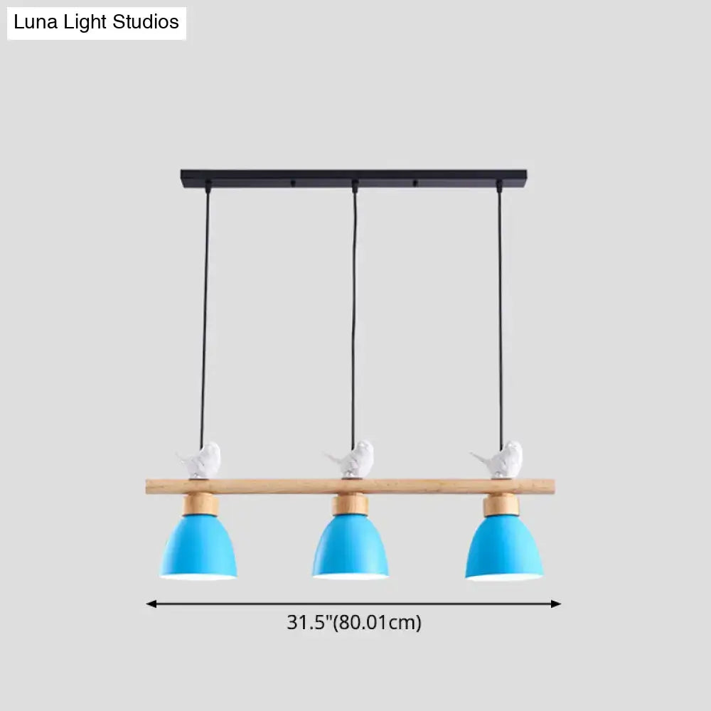 Decorbites wood and metal macaron bowl pendant light in dark blue-gray with wooden accents and white bird figurines for e26 e27 sockets