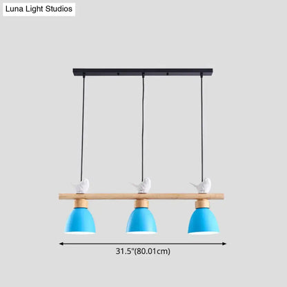 Decorbites wood and metal macaron bowl pendant light in dark blue-gray with wooden accents and white bird figurines for e26 e27 sockets