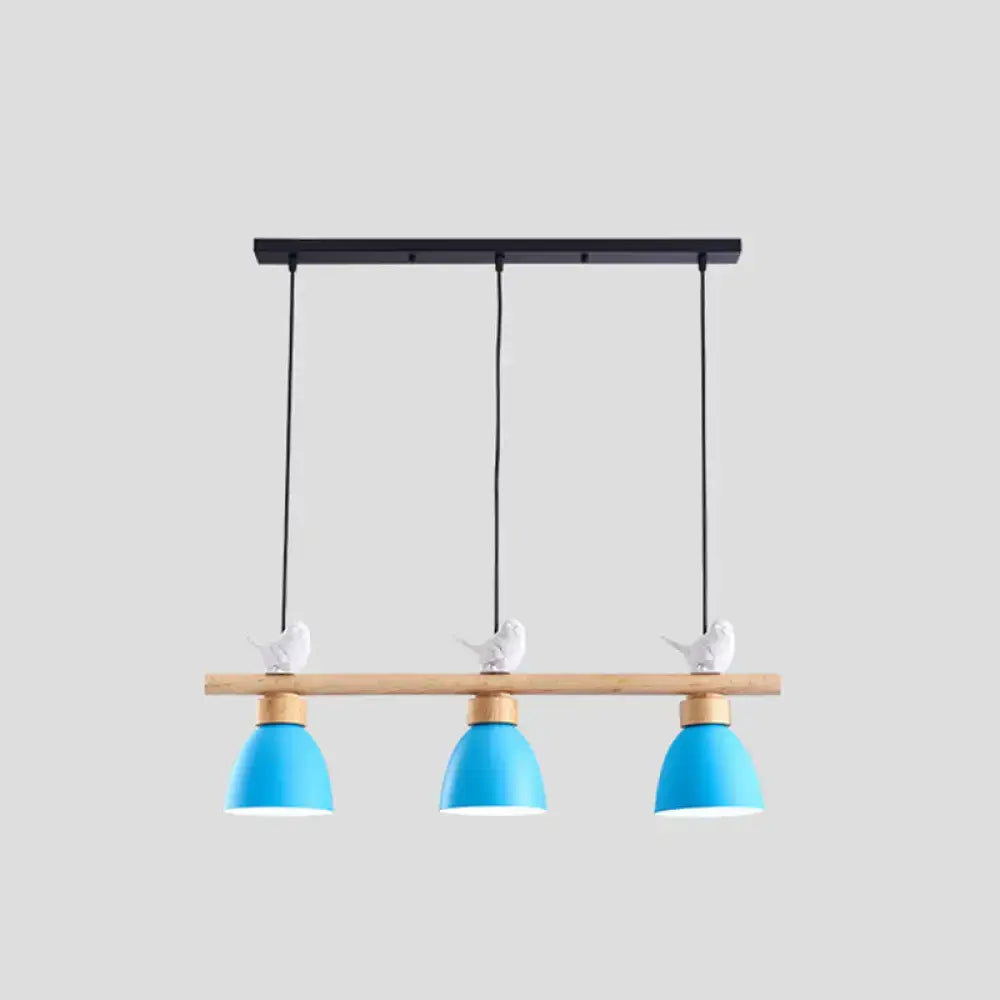 Decorbites dark blue-gray wood metal macaron bowl pendant light with three e26 e27 shades and ceramic bird accents