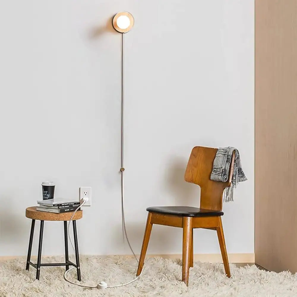 Decorbites™ wood plug-in wall sconce by bo-ha minimalist wall sconce with circular wooden head and slender metallic stem