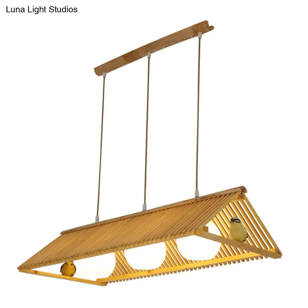 DecorBites™ triangle island pendant light in natural wood finish with bamboo slats and three frosted glass bulbs, max bulb wattage specified
