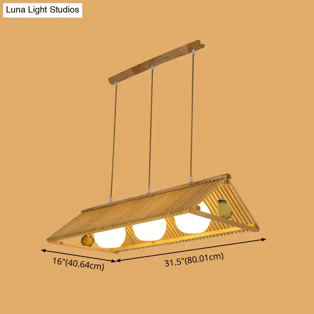 Decorbites™ wooden asian triangle island pendant light in natural wood with three warm white bulbs and decorative birds