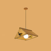 DecorBites wooden Asian triangle island pendant light in natural wood finish with glowing bulb and maximum bulb wattage