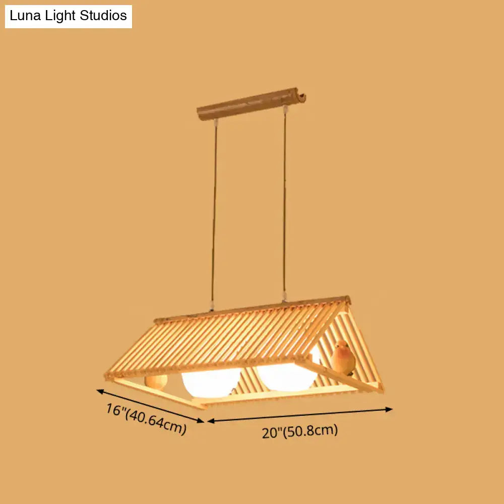 DecorBites™ wooden asian triangle island pendant light in natural wood finish with warm bamboo design and glowing bulbs