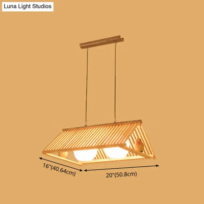DecorBites™ wooden asian triangle island pendant light in natural wood finish with warm bamboo design and glowing bulbs