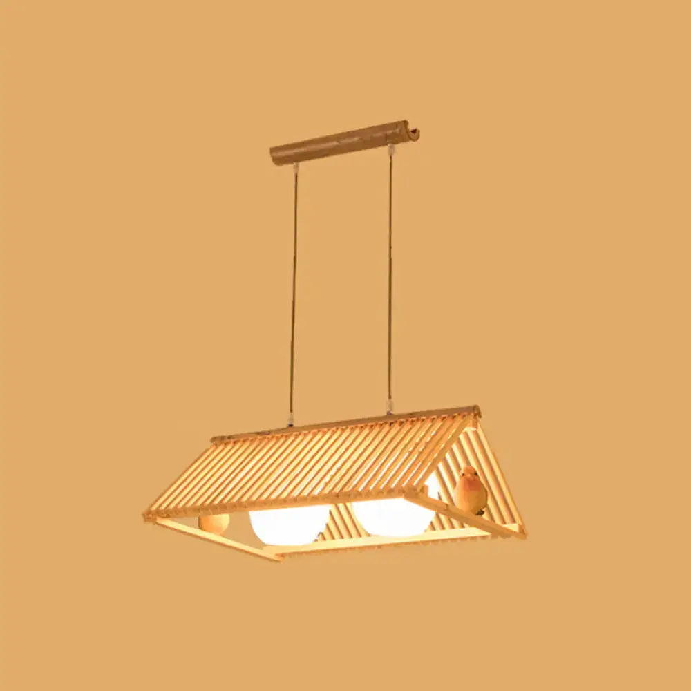 DecorBites wooden Asian triangle island pendant light in natural wood finish with warm bamboo geometric design and two bulbs