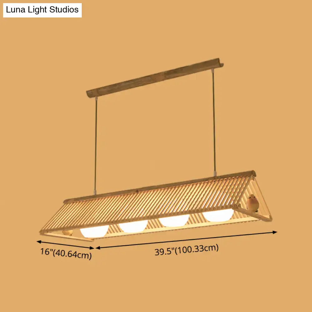 DecorBites wooden Asian triangle island pendant light with rectangular bamboo slats and three warm bulbs, natural wood finish