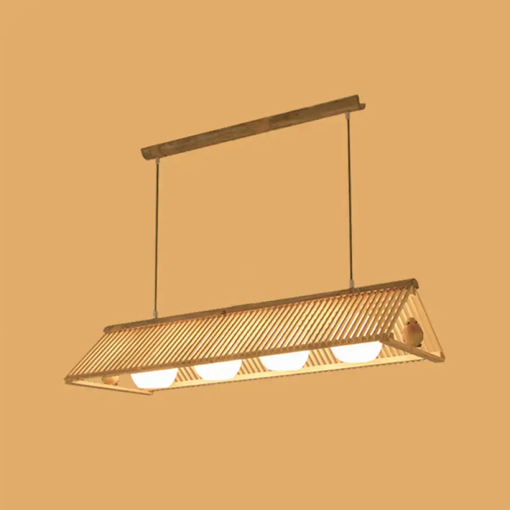 DecorBites™ wooden asian triangle island pendant light with natural bamboo slats and three warm bulbs maximum bulb wattage 60W