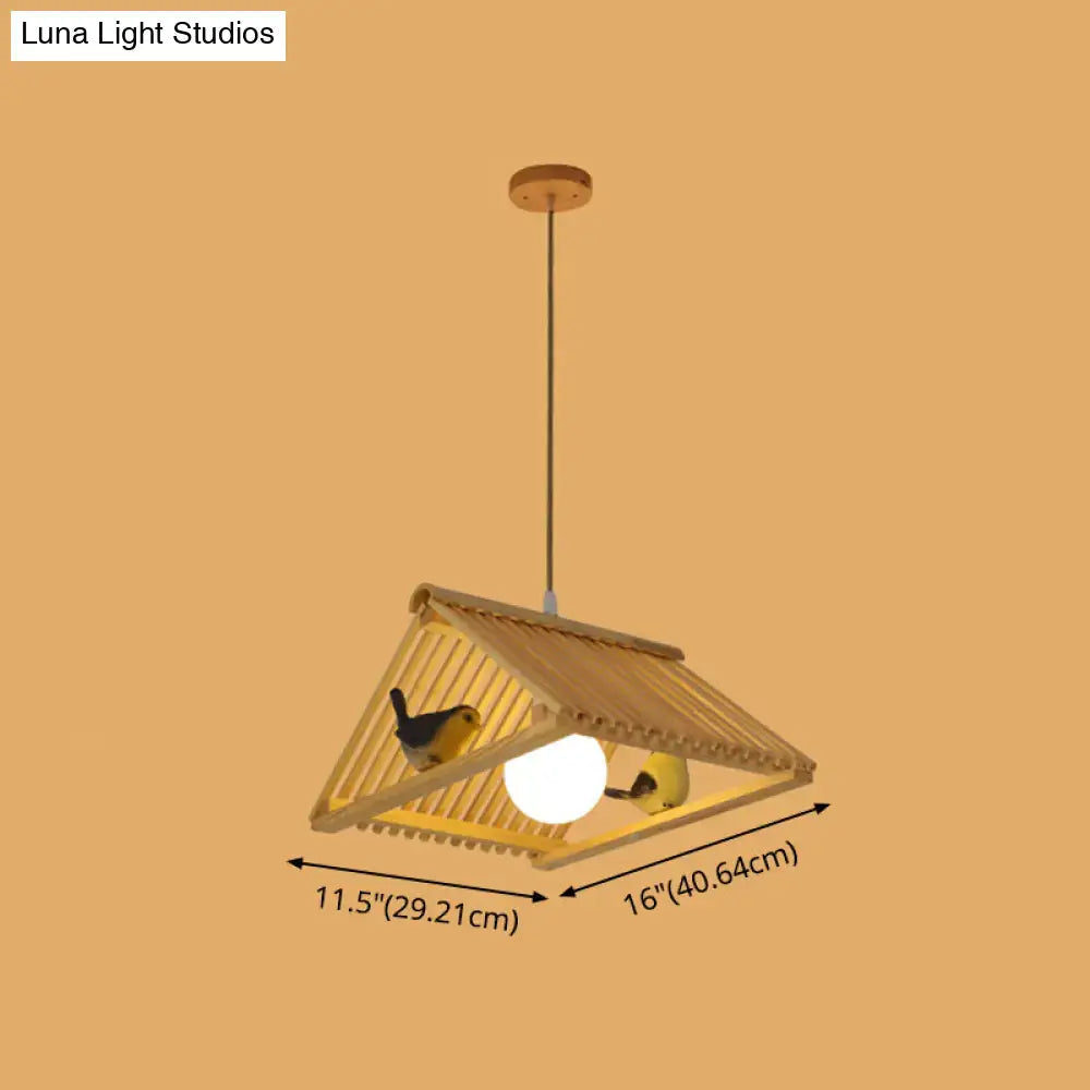 Decorbites™ wooden asian triangle island pendant light in natural wood finish with decorative birds and warm glow, max bulb wattage noted