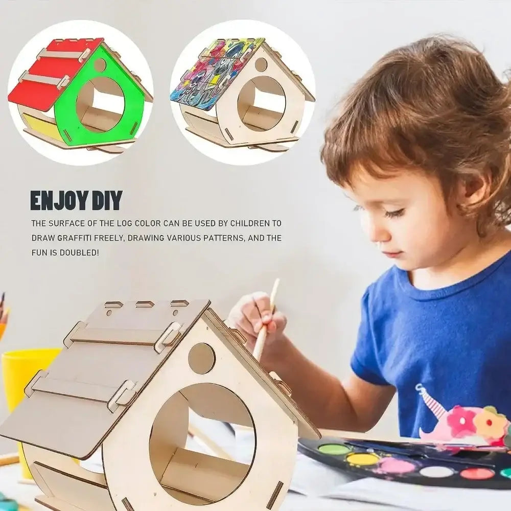 A light-colored wooden bird feeder puzzle with a circular entrance and slanted roof for children to paint by DecorBites