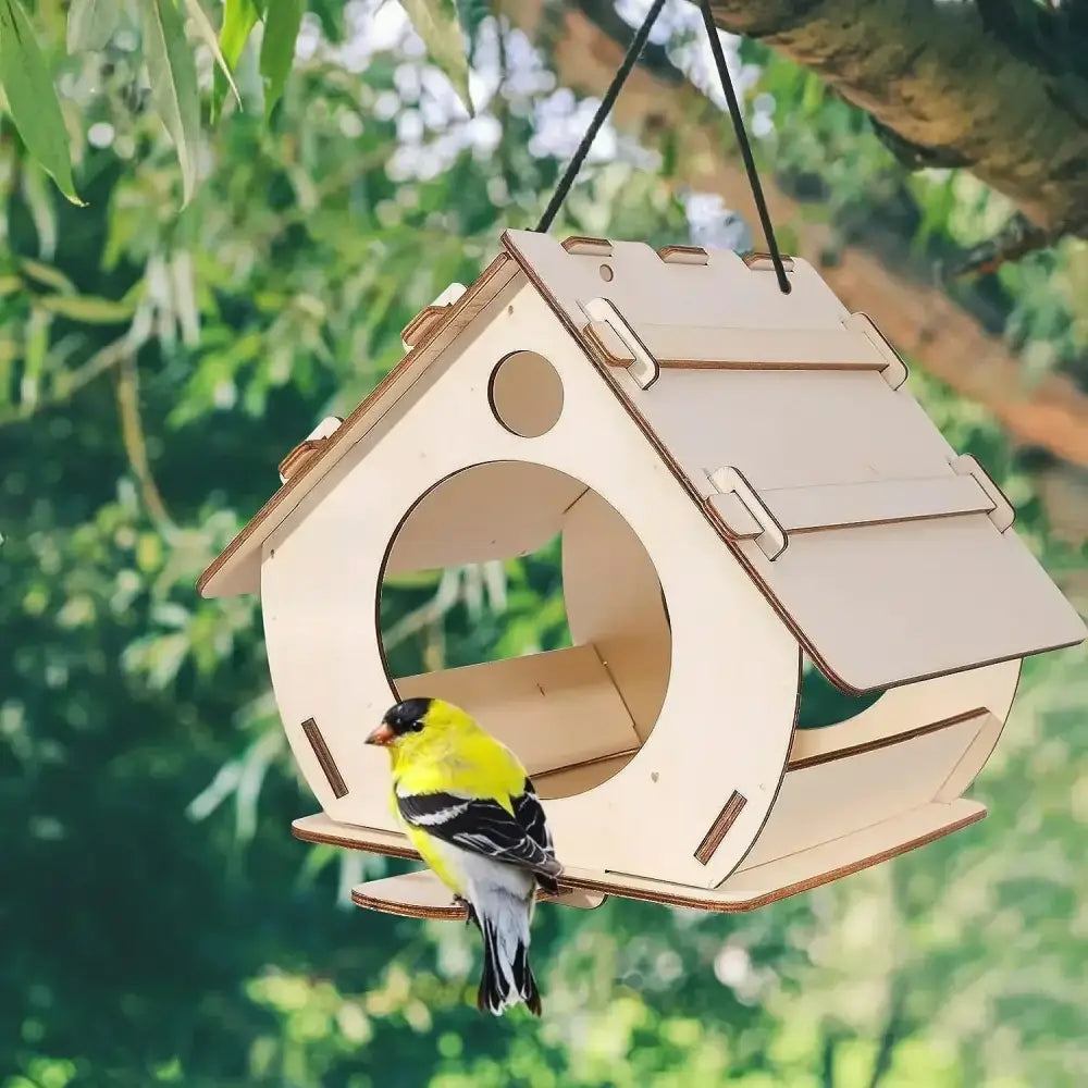 Decorbites wooden bird feeders light-colored wooden birdhouse with circular entrance and hinged roof suspended by black cords