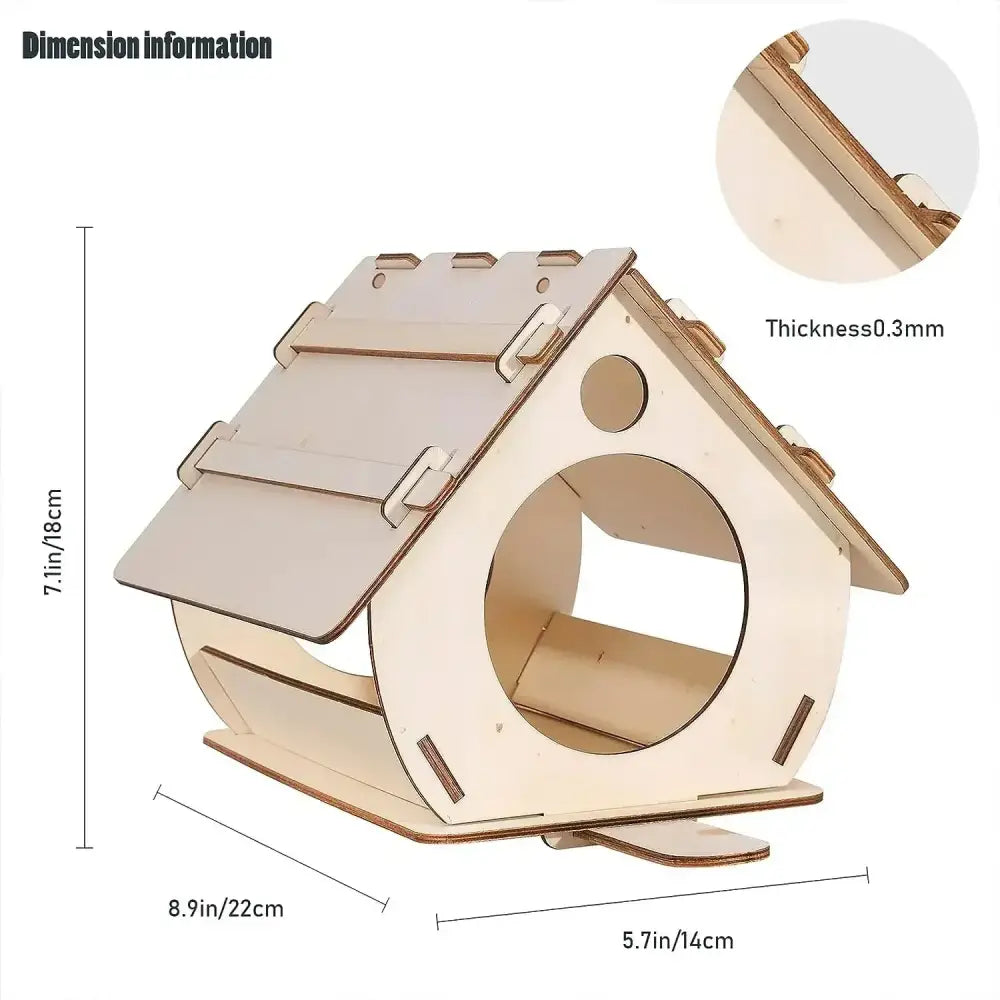 DecorBites™ wooden bird feeders light-colored wooden birdhouse with slanted roof circular entrance and hinged panels