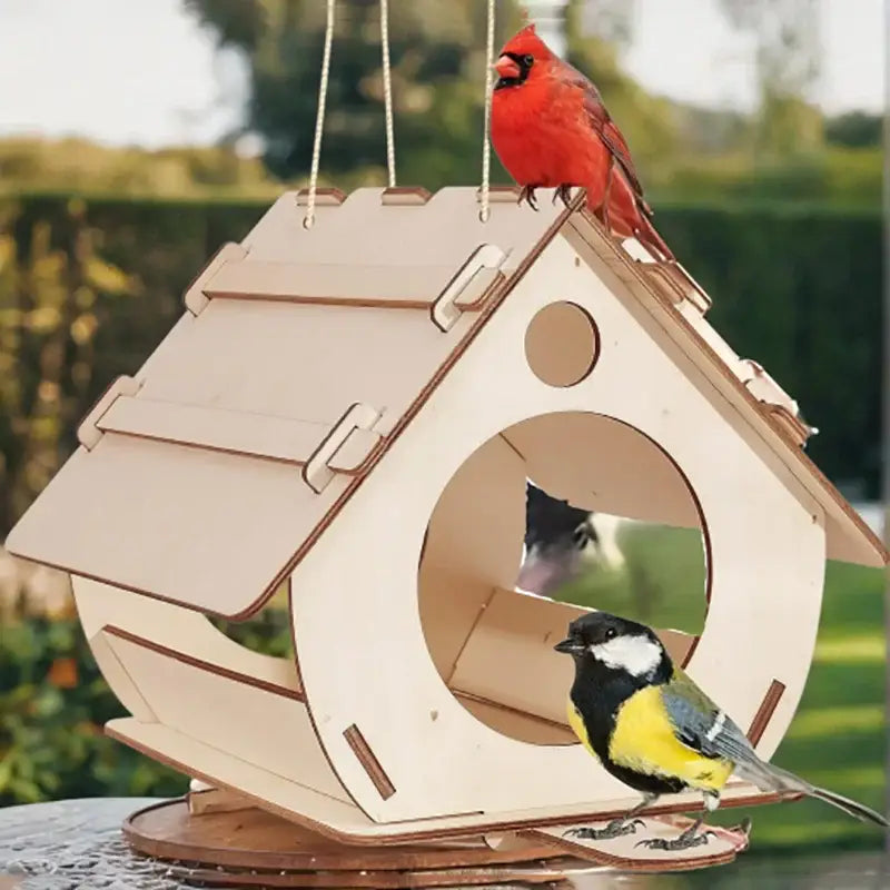 A light-colored wooden bird feeder with a roof and circular entrance hanging by ropes for outdoor use by decorbites