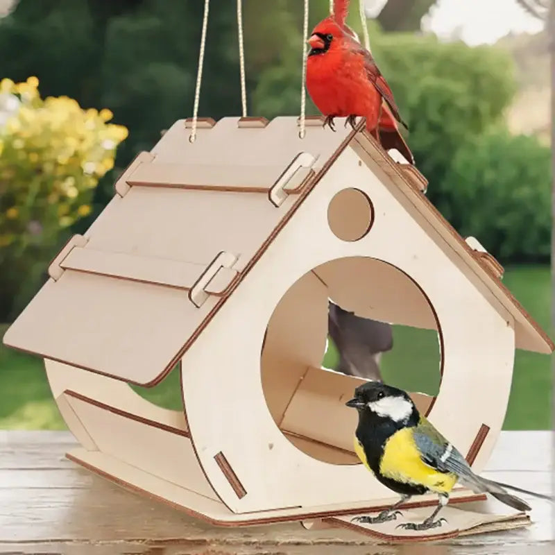 A light-colored wooden bird feeder with a house-like design, circular entrance, and hanging ropes from decorbites wooden bird feeders