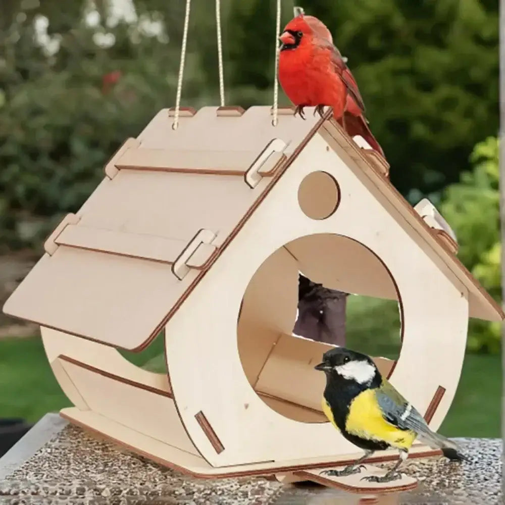 A light-colored wooden bird feeder with a slanted roof and circular entrance featuring two birds perched on it