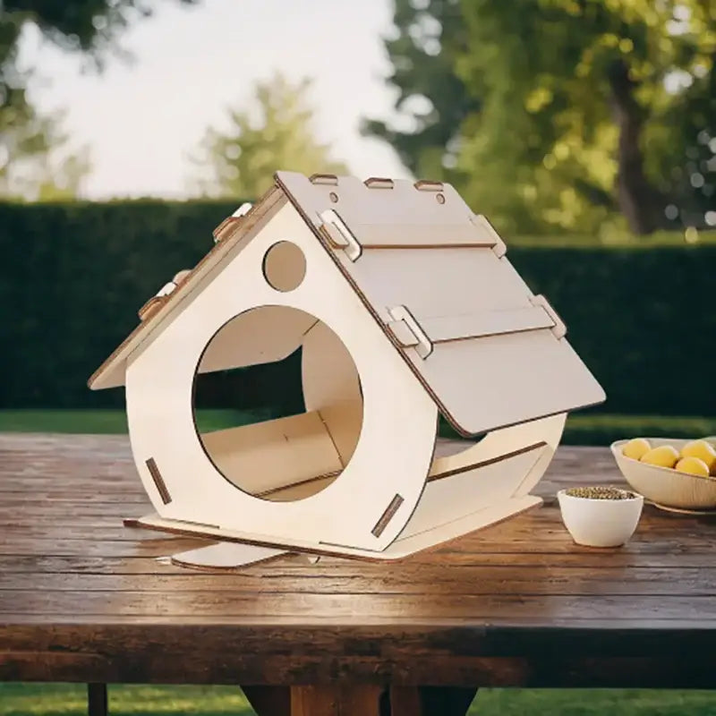 A light-colored wooden bird feeder with a slanted roof and circular entrance featuring metal hinges by decorbites