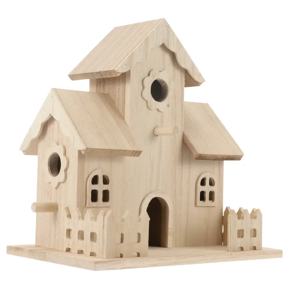 A light-colored wooden birdhouse with multi-gabled design and flower cutouts for a wooden bird nest by DecorBites™