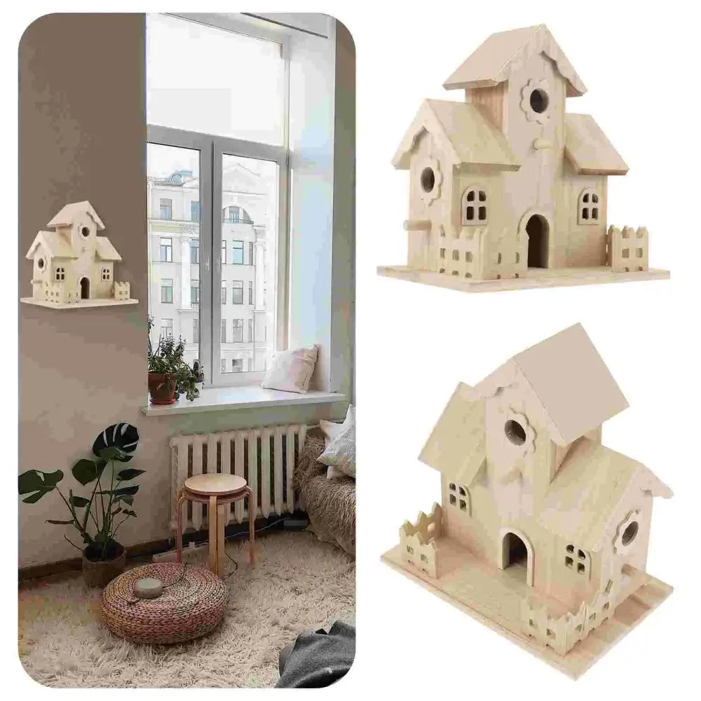 DecorBites™ wooden bird nest box garden decor featuring an unpainted wooden birdhouse with multiple windows and arched entrance