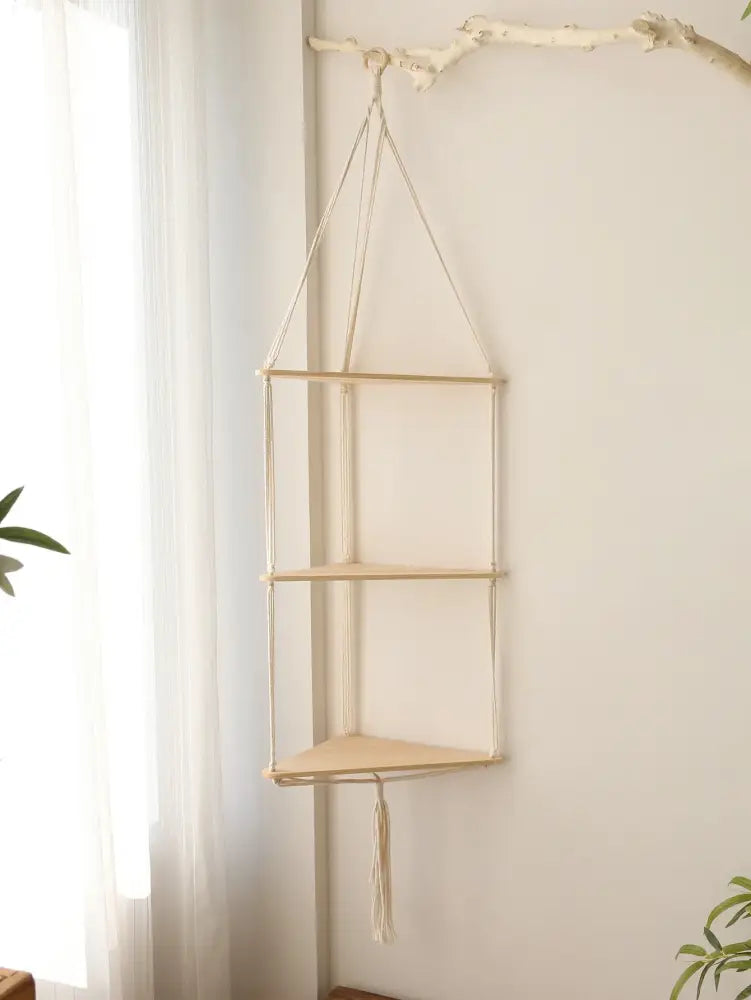 DecorBites™ wooden corner shelf with three tiers macrame beige cotton rope minimalist boho wall decor
