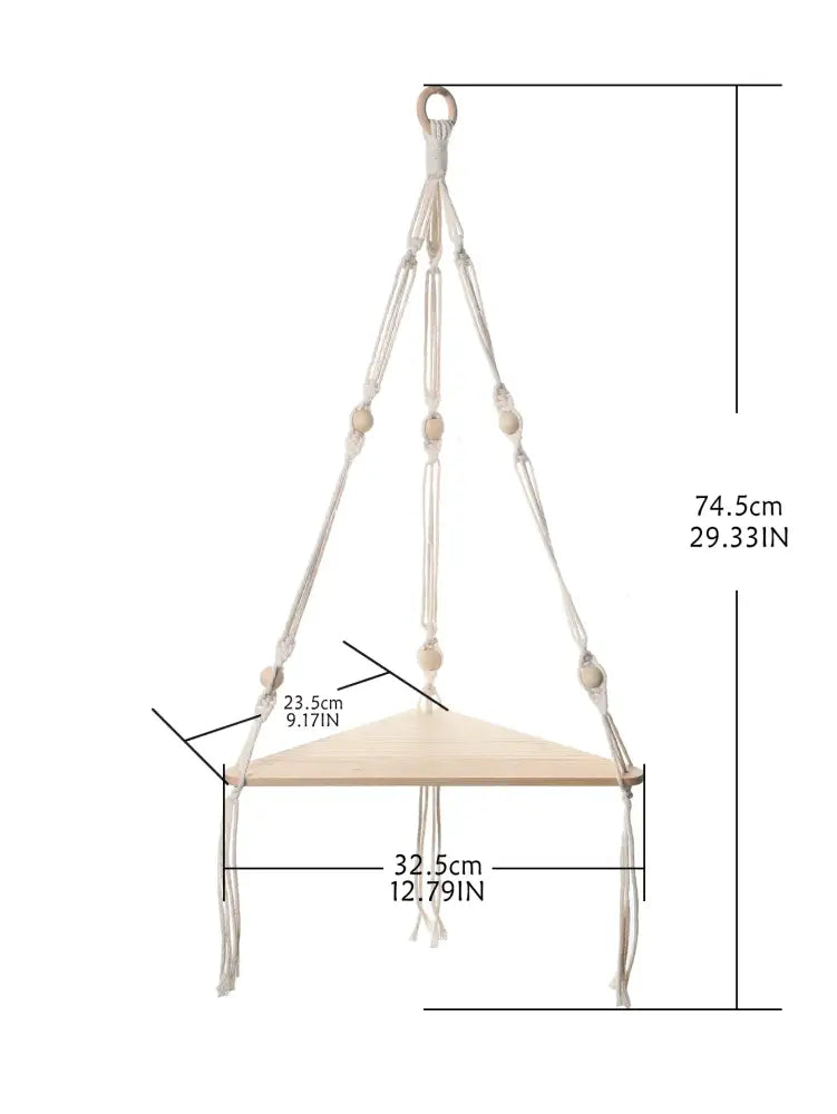 Decorbites wooden corner shelf with macrame features a light wood triangular platform and cream woven cords corner shelf