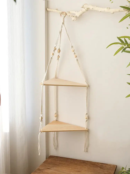 DecorBites™ wooden corner shelf with two light wood triangular shelves and cream macrame cords for boho wall decor