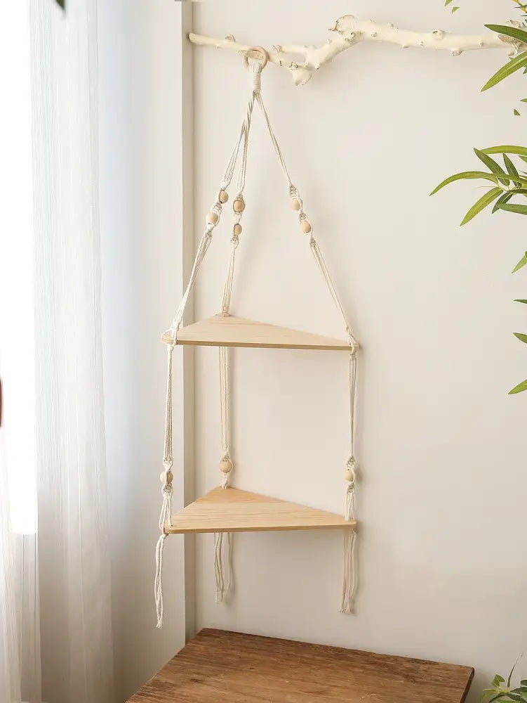 DecorBites™ wooden corner shelf with two light wood triangular shelves and cream macrame cords for boho wall decor