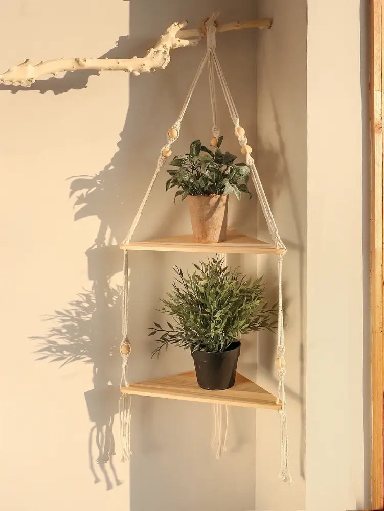 DecorBites wooden corner shelf with macrame featuring two wooden triangular tiers and natural cord with wood beads